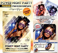 豪华晚宴海报/传单模板：Power Night Party – Flyer PSD Template + Faceboo